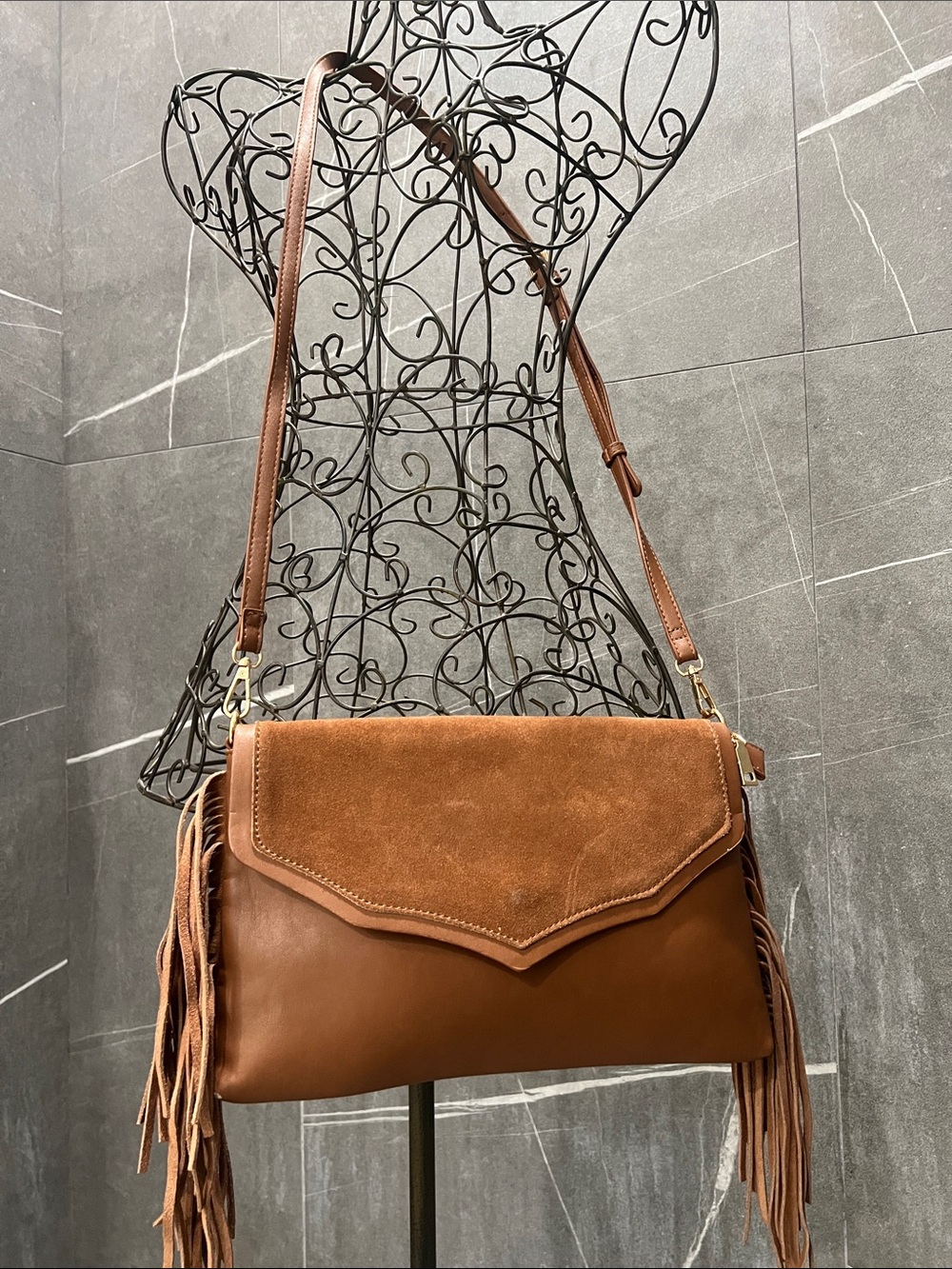 Brown Suede & Leather Fringe Crossbody Bag - Women